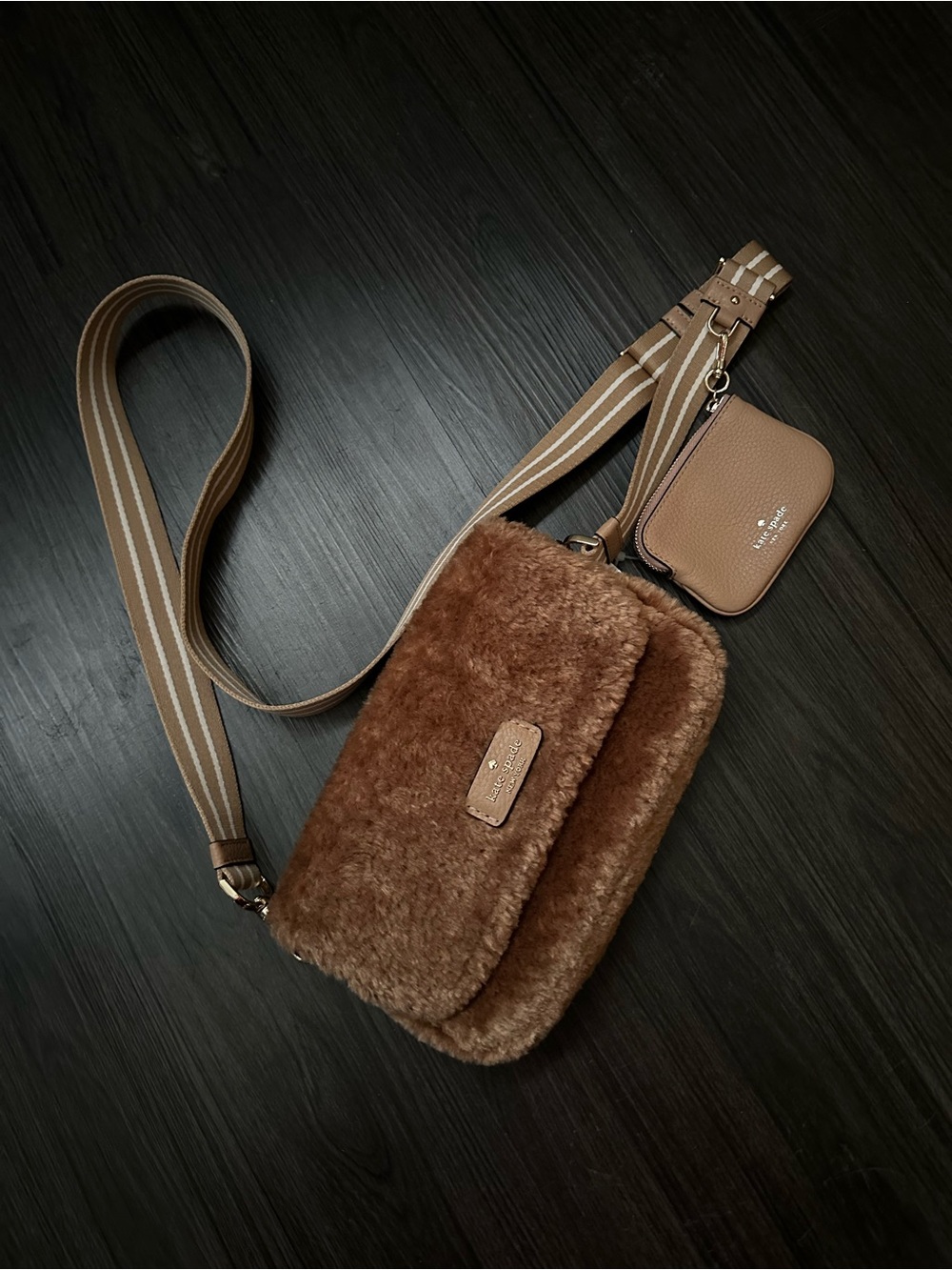 kate spade Brown Faux Shearling Crossbody Bag with Striped Strap